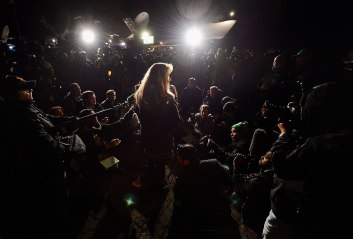 Cindy Bachman, public information officer for the San Bernardino Sheriff's Department, updates the media after a standoff and a shootout with former Los Angeles Police Department officer Christopher Dorner who is suspected of triple murder on Feb. 12, 2013 in Angelus Oaks, California.