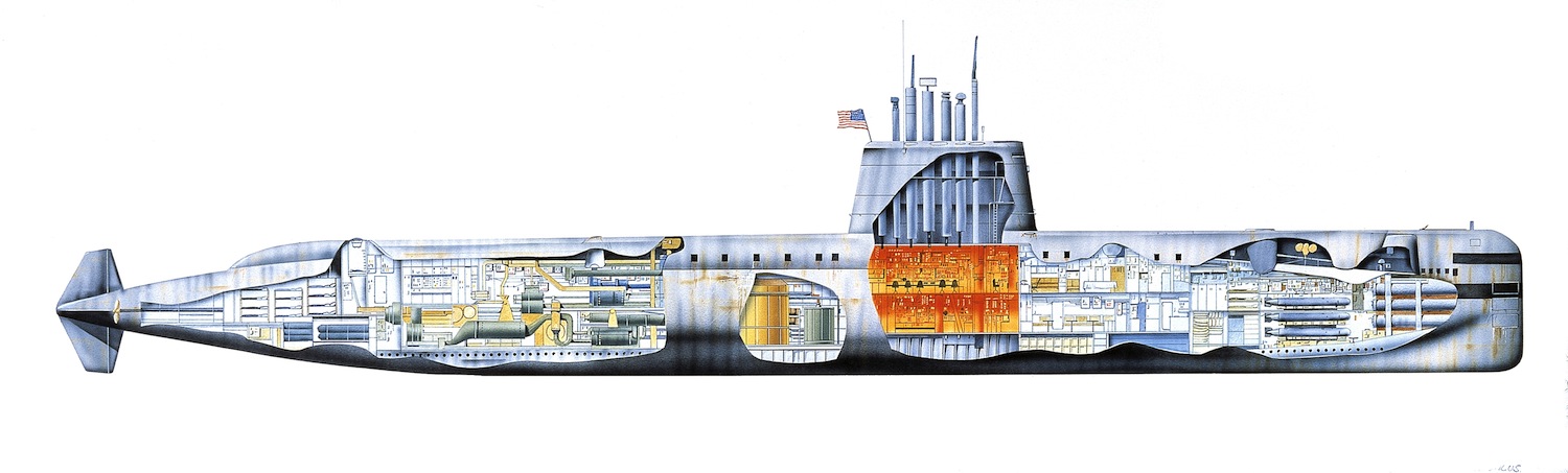 United States Navy nuclear submarine USS Nautilus, 1954, cutaway, illustration