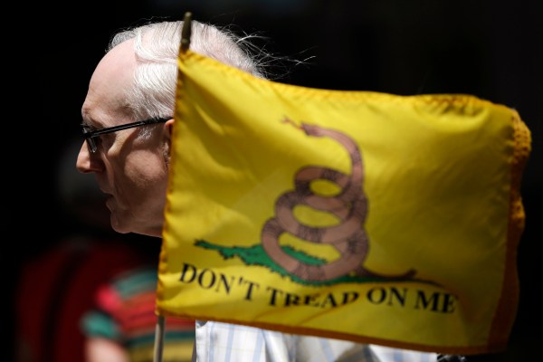 Bernie Brunner, of Springfield, Pa., holds a flag during a tea party rally protesting extra IRS scrutiny of their groups, May 21, 2013, in Philadelphia.
