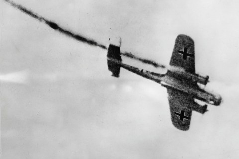 A nazi German aircraft plummets to the ground after being shot down in the Battle of Britain during World War Two.
