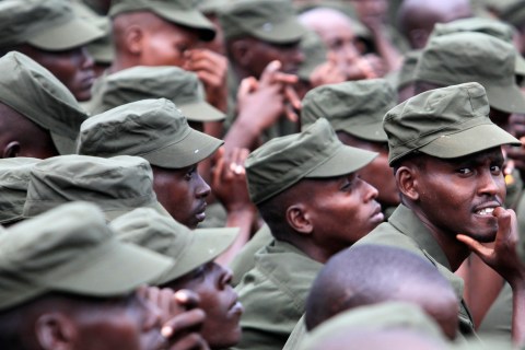 Somali government soldiers, dressed in Uganda People's Defence Forces (UPDF) uniform and trained by the European Union Training Mission (EUTM) team, attend their passing out ceremony at Bihanga army training school