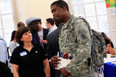 U.S. Army Private First Class Jean Joseph attends the Veterans Service Fair in New York, May 23, 2012. 