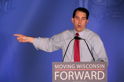 Republican Wisconsin Governor Walker celebrates his victory in the recall election against Democratic challenger and Milwaukee Mayor Barrett in Waukesha, Wisconsin
