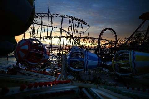 Amusement rides on the Fun Town pier remain scattered and damaged by Superstorm Sandy, on Nov. 24, 2012 in Seaside Heights, N.J.