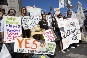A group of demonstrators hold signs during a rally in support of the state's upcoming Proposition 37 ballot measure in San Francisco