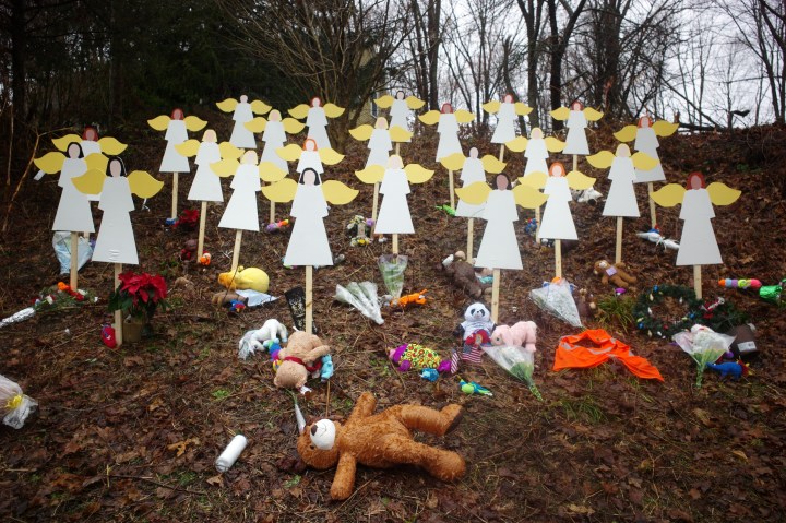 image: Twenty-seven wooden angel figures are seen placed near the Sandy Hook Elementary School for the victims of a school shooting in Newtown, Conn., Dec. 17, 2012. Twelve girls, eight boys and six adult women were killed in the shooting on Friday at the Sandy Hook Elementary School in Newtown.