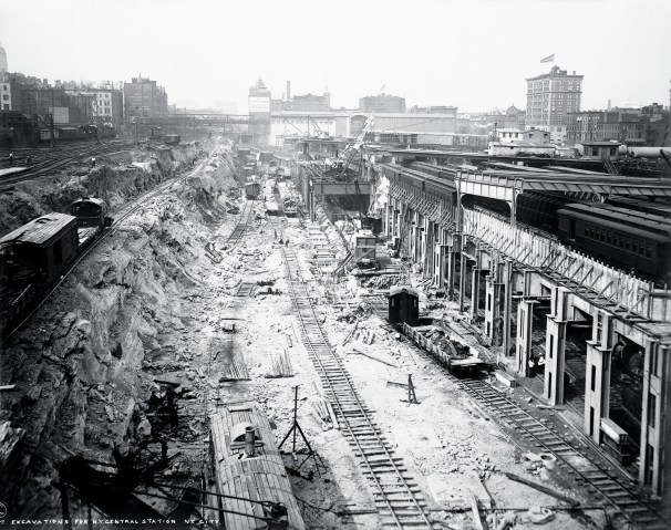 Roadbed excavations along Park Avenue during the preliminary construction of Grand Central Station in New York City, 1908.