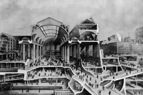 An artist's rendering of the train levels at Grand Central Station, circa 1920.
