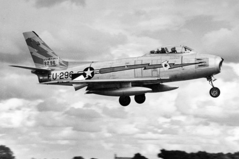 Transport, Aviation, Military, pic: August 1951, England, A North American "F-86 Sabre" jet fighter comes in to land at an East Anglia air base, The "F-86 Sabre" was a successful combat aircraft of the Korean War