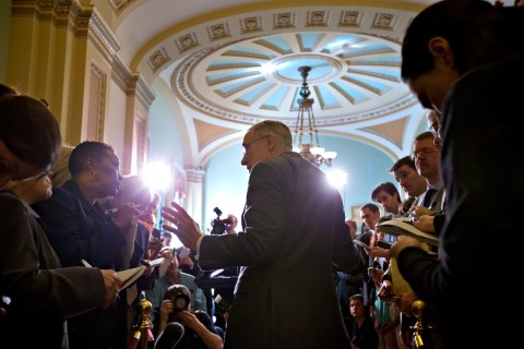 Senate Majority Leader Harry Reid, D-Nev., speaks with reporters following a Democratic strategy session at the Capitol in Washington.