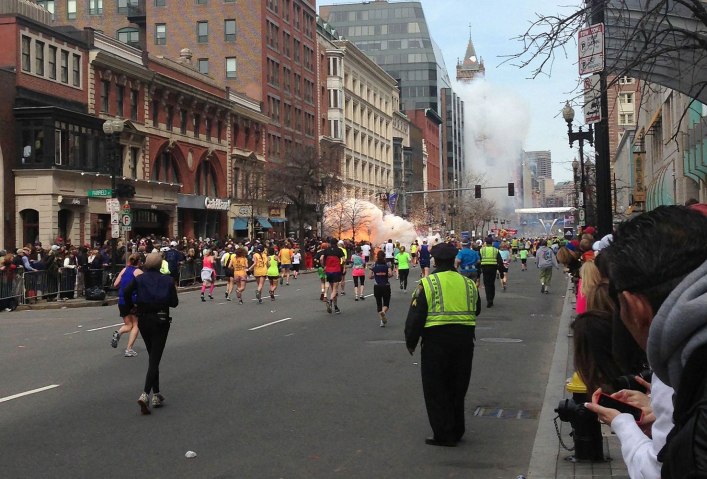 An explosion goes off near the finish line of the 117th Boston Marathon, April 15, 2013.
