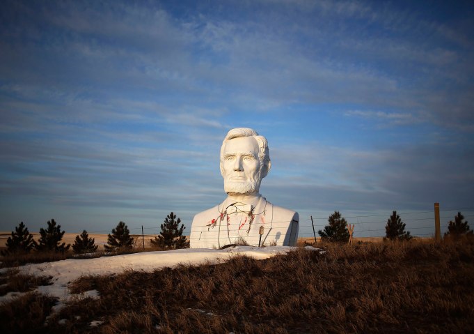 Sculpture of former U.S. President Abraham Lincoln is seen in a field outside of Williston