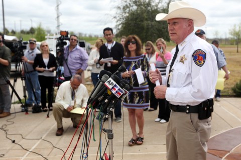 Kaufman County Sheriff David Byrnes speaks at a news conference in Kaufman, Texas on March 31, 2013. On Saturday, Kaufman County District Attorney Mike McLelland and his wife, Cynthia, were murdered in their home. (AP Photo/Mike Fuentes)