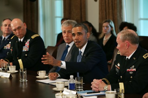 U.S. President Barack Obama met with Defense Secretary Chuck Hagel. U.S. Army Chief of Staff Gen. Raymond Odienaro, Air Force Chief of Staff Gen. Mark Welsh and Chairman of the Joint Chiefs of Staff Gen. Martin Dempsey at the White House in Washington D.C., on May 16, 2013.