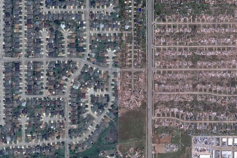 Moore, Okla., seen before and after an EF-5 tornado devastated the town.
