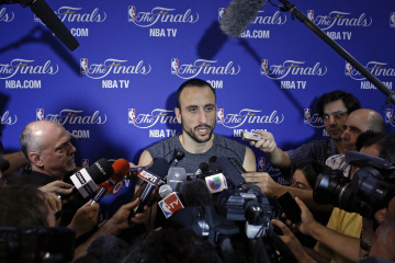 San Antonio Spurs' guard Ginobili speaks to media during a team practice ahead of Game 7 of the NBA Finals basketball playoff against the Miami Heat in Miami
