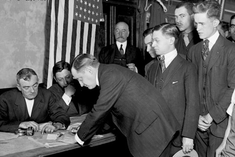 Young_men_registering_for_military_conscription,_New_York_City,_June_5,_1917