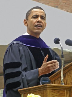 U.S. President Barack Obama delivers the commencement address at Knox College in Galesburg, Ill., on June 4, 2005.