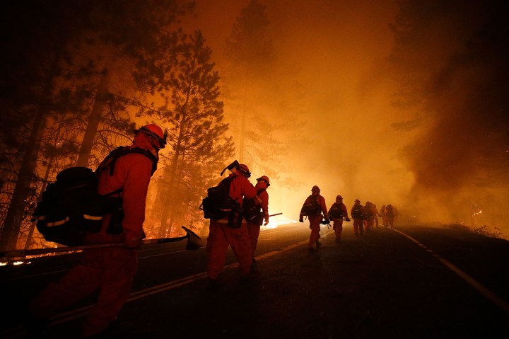 Inmate firefighters walk along Highway 120 after a burnout operation as firefighters continue to battle the Rim Fire near Yosemite National Park, Calif., on Sunday, Aug. 25, 2013.