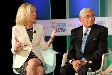 President of the University of Pennsylvania Amy Gutmann and Founder of The Broad Foundations Eli Broad speak at the TIME Summit On Higher Education Day 2 at Time Warner Center on Sept. 20, 2013 in New York City.