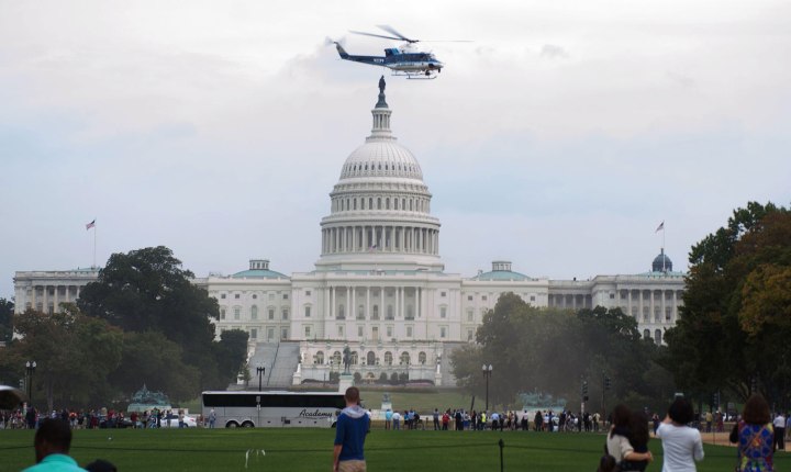 A U.S. Park Police helicopter evacuates an injured U.S Capitol police officer away from the scene of a shooting near the U.S. Capitol on Capitol Hill in Washington