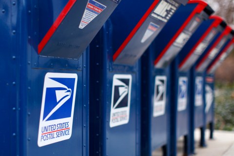 A view shows U.S. postal service mail boxes at a post office in Encinitas