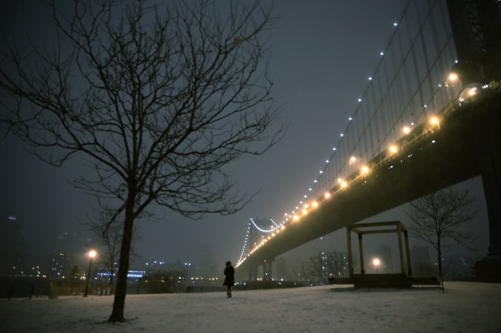 A woman walks through a park on the waterfront in Brooklyn near the Manhattan Bridge during a winter storm in New York, Jan. 2, 2014.