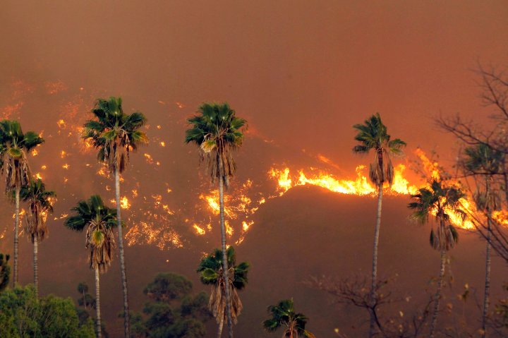 A wildfire burns in the hills just north of the San Gabriel Valley community of Glendora, Calif., Jan 16, 2014. 