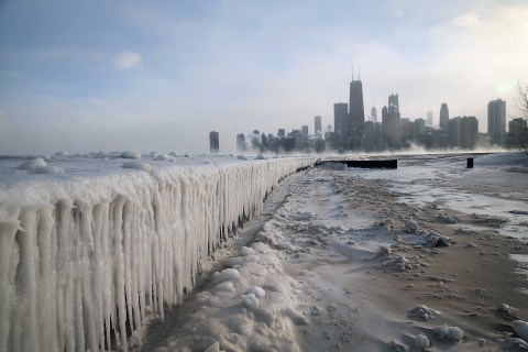Ice builds up along Lake Michigan at North Avenue Beach as temperatures dipped well below zero on January 6, 2014 in Chicago.
