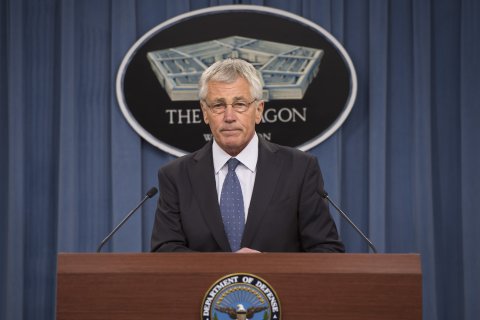 U.S. Defense Secretary Chuck Hagel meets with Pentagon media to outline a five year Pentagon budget what will shrink the Army forces and the rest of the DOD, on Feb. 24, 2014.